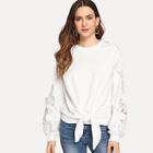 Shein Knot Front Lace Contrast Solid Pullover