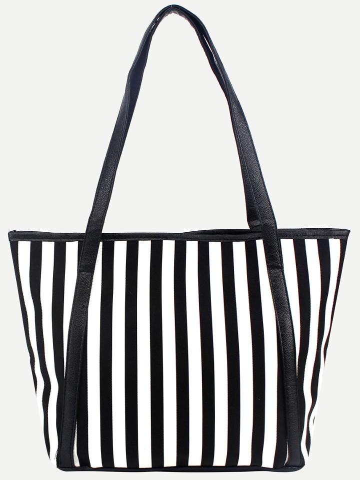 Shein Black Handle Vertical Striped Tote Bag