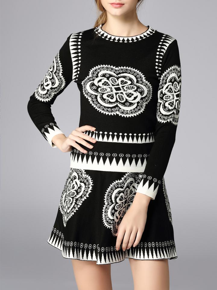 Shein Black Zigzag Print Knit Top With Skirt
