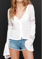 Rosewe Flare Sleeve Button Closure White Blouse
