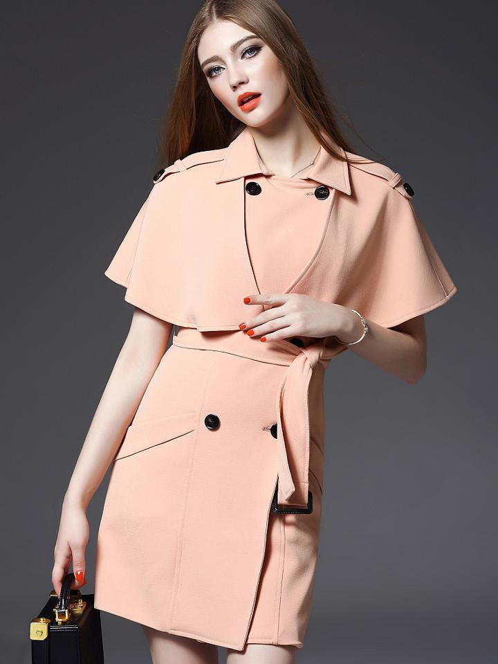 Shein Apricot Lapel Tie-waist Pockets Cape Dress