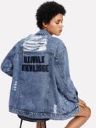 Shein Letter Embroidered Shredded Denim Jacket