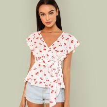 Shein Cherry Print Surplice Wrap Top