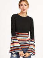 Shein Multicolor Striped Ribbed Knit Bell Sleeve T-shirt