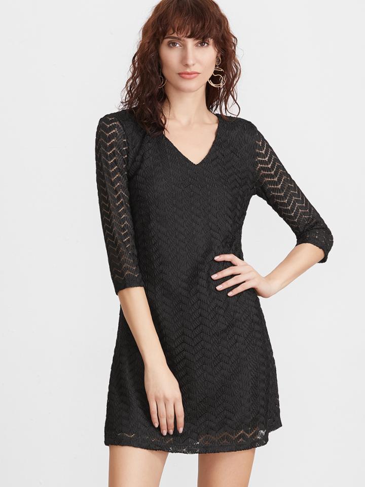 Shein Black V Neck Contrast Crochet Lace Dress
