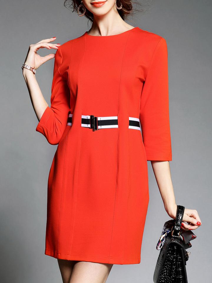 Shein Orange Crew Neck Belted Sheath Dress