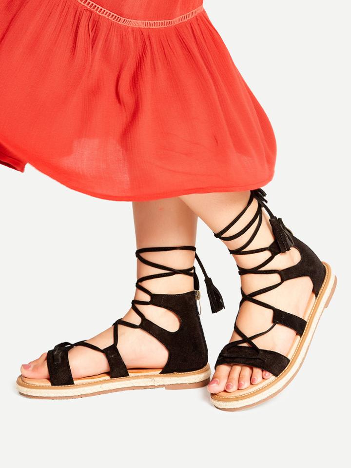 Shein Black Lace Up Espadrille Flat Sandals With Tassel
