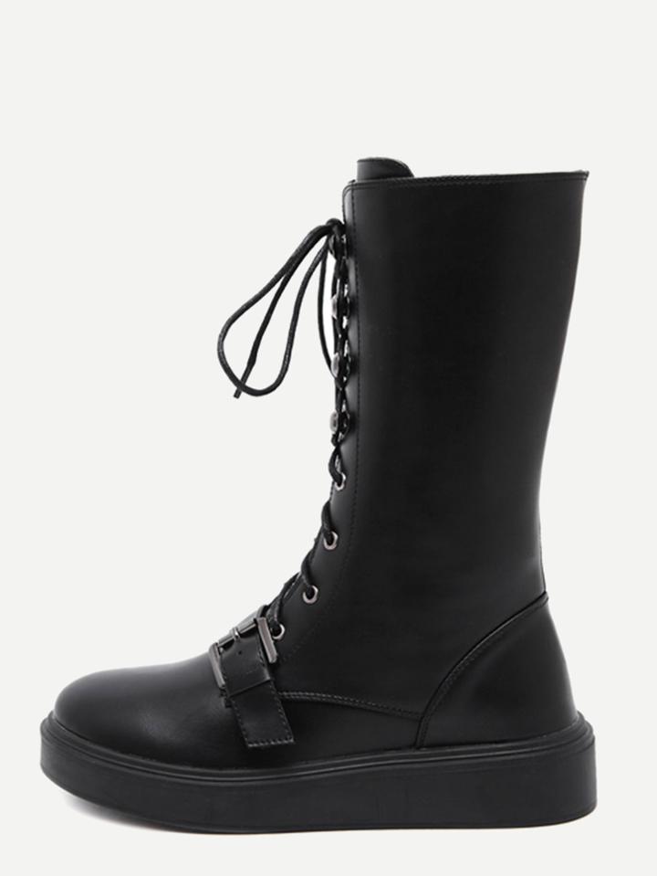 Shein Black Faux Leather Lace Up Buckle Strap Mid Calf Boots