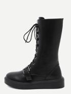 Shein Black Faux Leather Lace Up Buckle Strap Mid Calf Boots