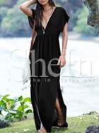 Shein Black Sateen Cap Sleeve Deep V Neck Backless Split Maxi Dress