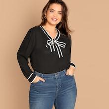 Shein Plus Tie Neck Contrast Trim Top