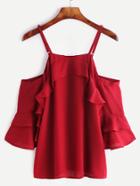 Shein Burgundy Cold Shoulder Tiered Bell Sleeve Ruffle Top