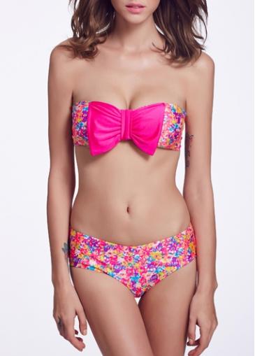 Rosewe Floral Print Bowtie Embellished Strapless Bikini