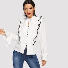 Shein Tie Neck Contrast Binding Ruffle Shirt