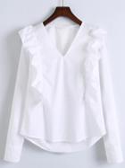 Shein White V Neck Ruffle Trim Buttoned Cuff Blouse