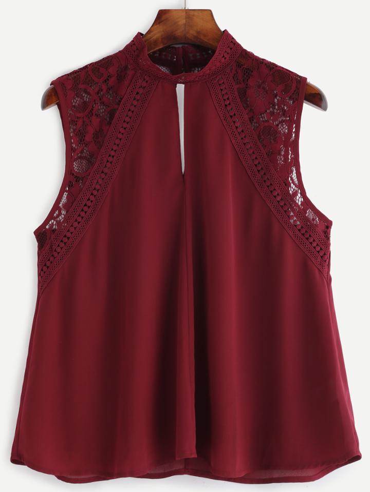 Shein Burgundy Double Keyhole Lace Trim High Neck Top