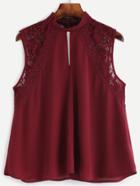 Shein Burgundy Double Keyhole Lace Trim High Neck Top
