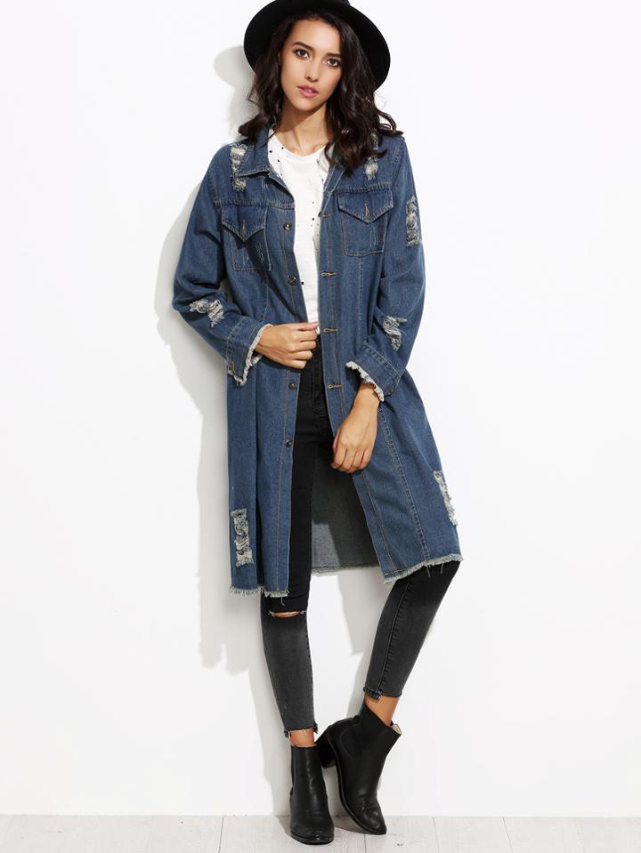 Shein Blue Ripped Raw Hem Denim Long Coat