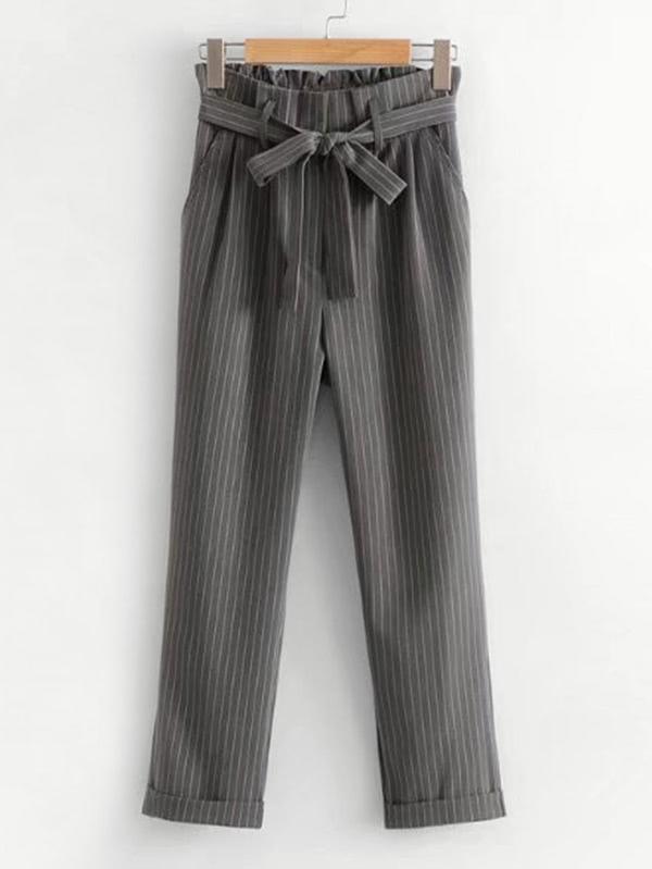Shein Frill Trim Self Tie Striped Pants