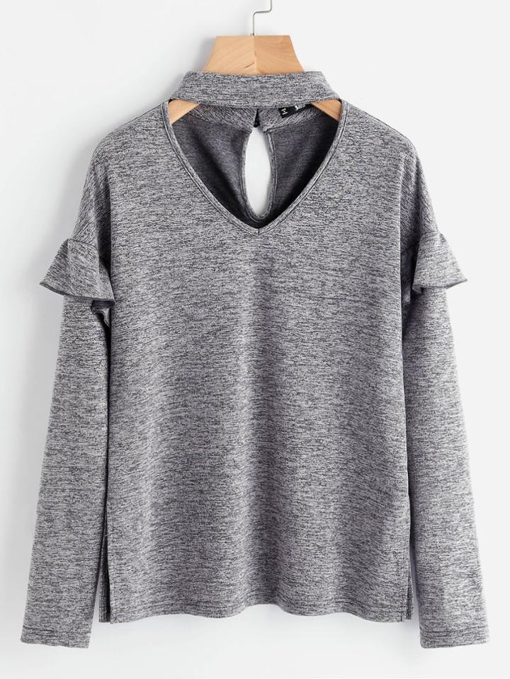 Shein Choker Neck Ruffle Sleeve Slit Side Marled Tee