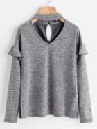 Shein Choker Neck Ruffle Sleeve Slit Side Marled Tee