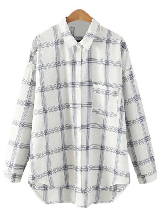 Shein Multicolor Pocket Dip Hem Plaid Blouse