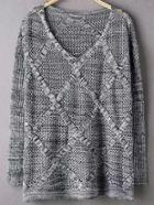 Shein Grey V Neck Diamond Patterned Sweater