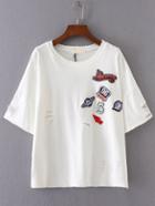 Shein White Ripped Detail T-shirt With Patch