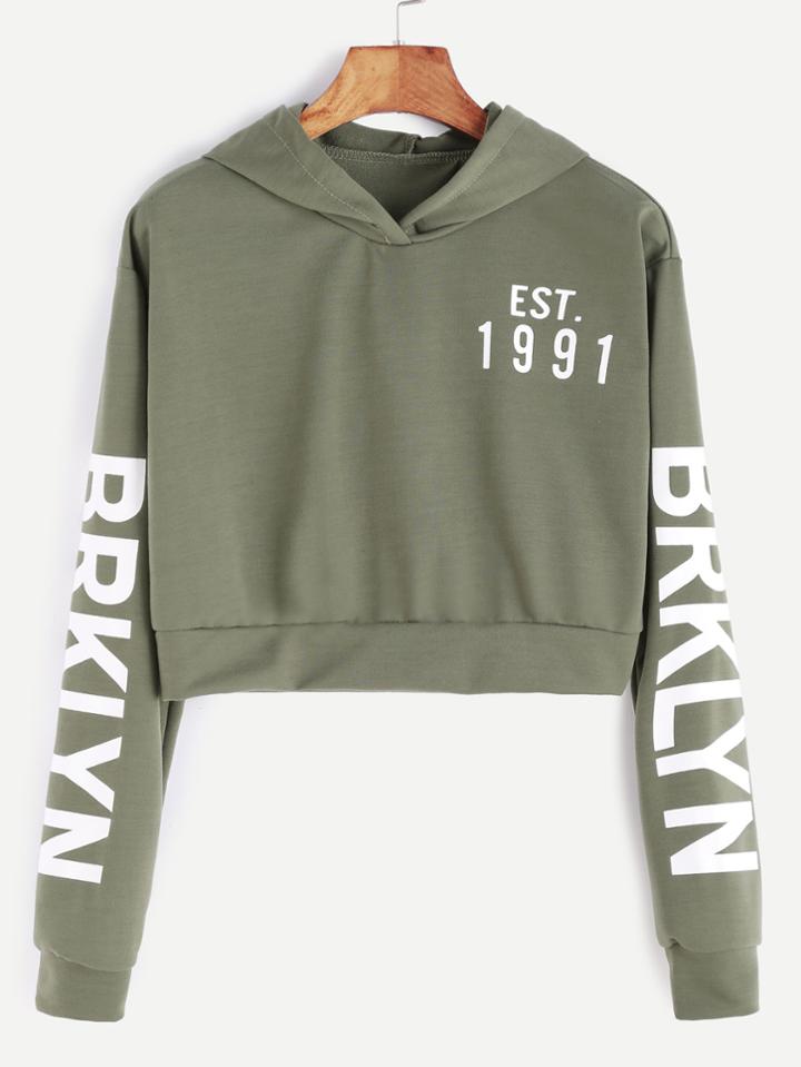 Shein Army Green Letter Print Crop Hooded Sweatshirt