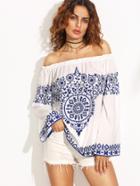 Shein Print In White Off The Shoulder Blouse