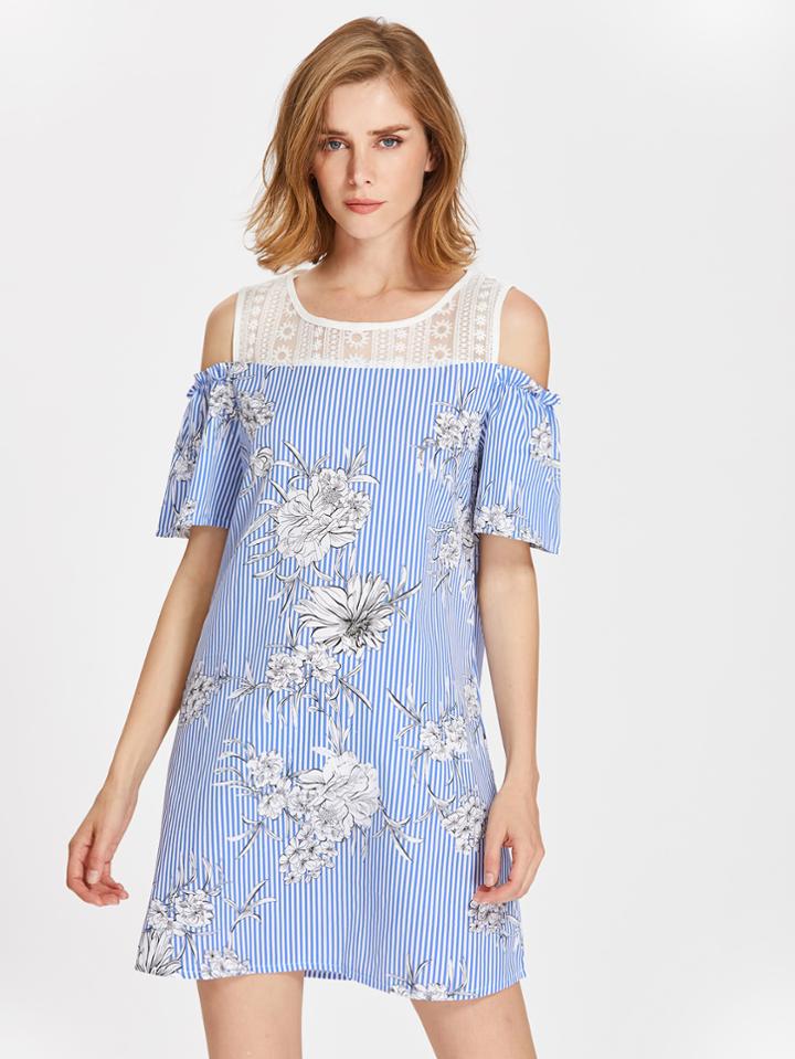 Shein Contrast Lace Open Shoulder Vertical Striped Florals Dress