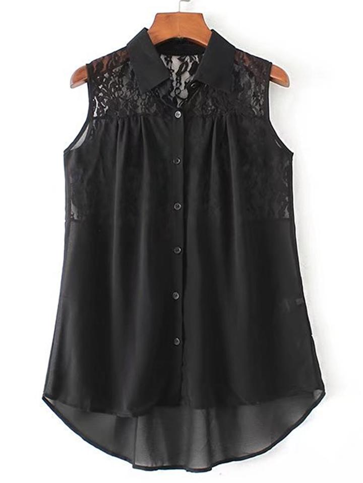 Shein Contrast Lace High Low Chiffon Blouse