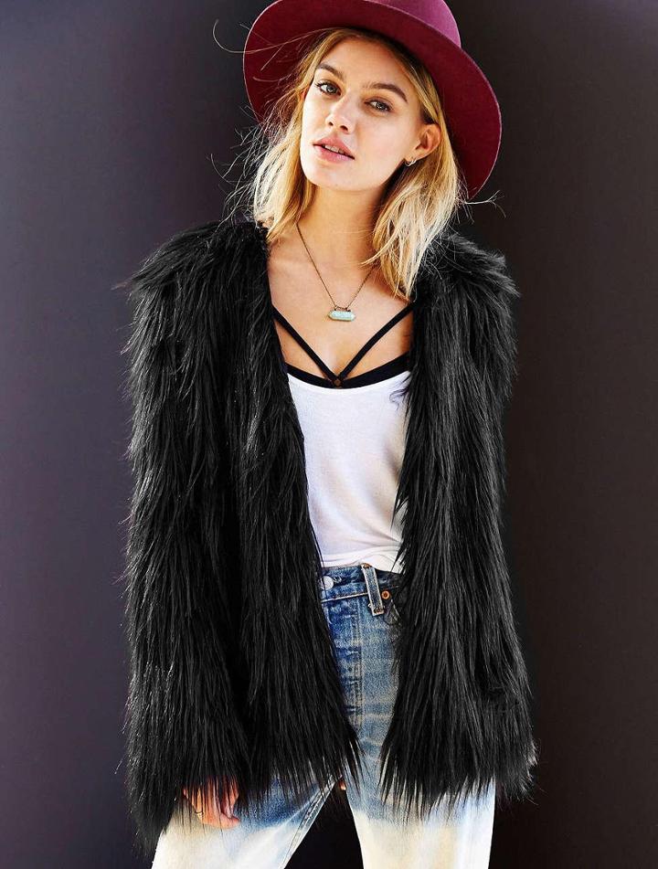 Shein Black Long Sleeve Faux Fur Coat