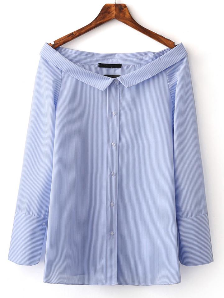 Shein Pinstripe Boat Neck Stripe Buttons Front Blouse