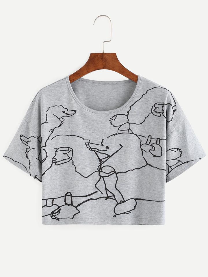 Shein Dog Outline Print Crop T-shirt - Grey