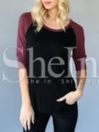 Shein Black Burgundy Raglan Sleeve Casual T-shirt