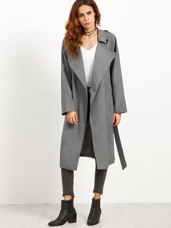 Shein Grey Pockets With Belt Coat