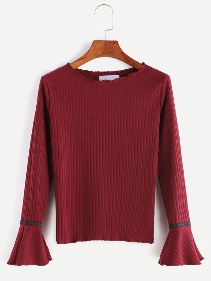 Shein Burgundy Bell Sleeve Ribbed Sweater