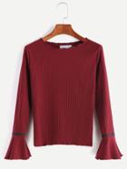 Shein Burgundy Bell Sleeve Ribbed Sweater