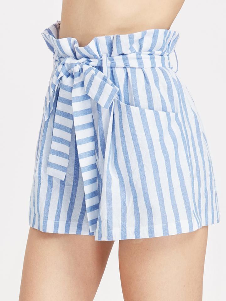 Shein Belted Ruffle Waist Striped Shorts