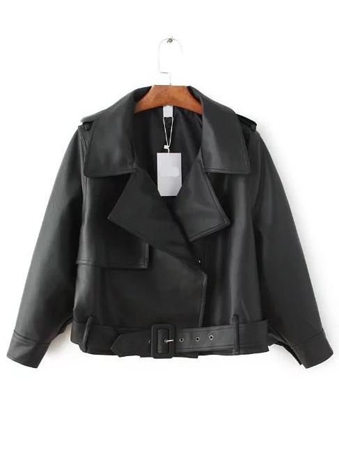 Shein Black Oblique Zipper Pu Moto Jacket With Buckle