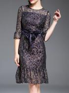 Shein Navy Sheer Tie-waist Disc Flowers Dress