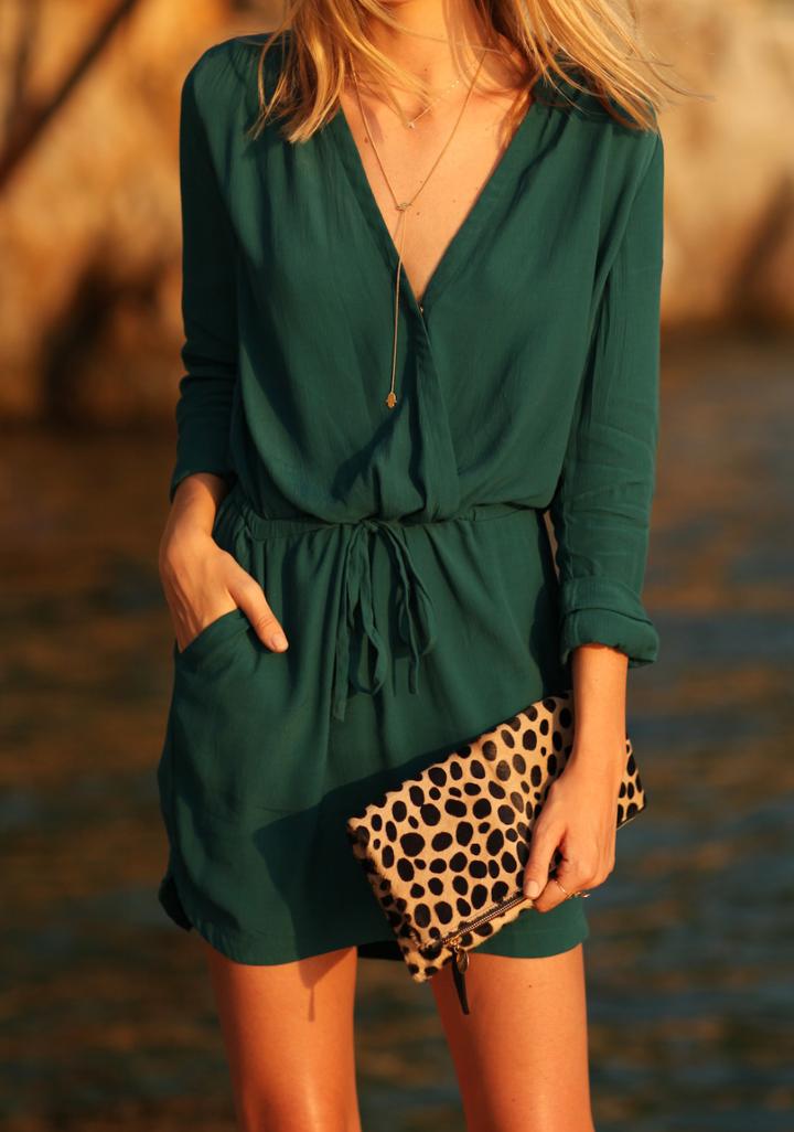 Shein Green V Neck Drawstring Pockets Dress