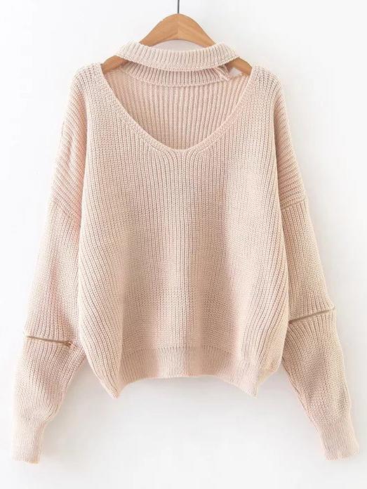 Shein Choker V Neck Drop Shoulder Sweater