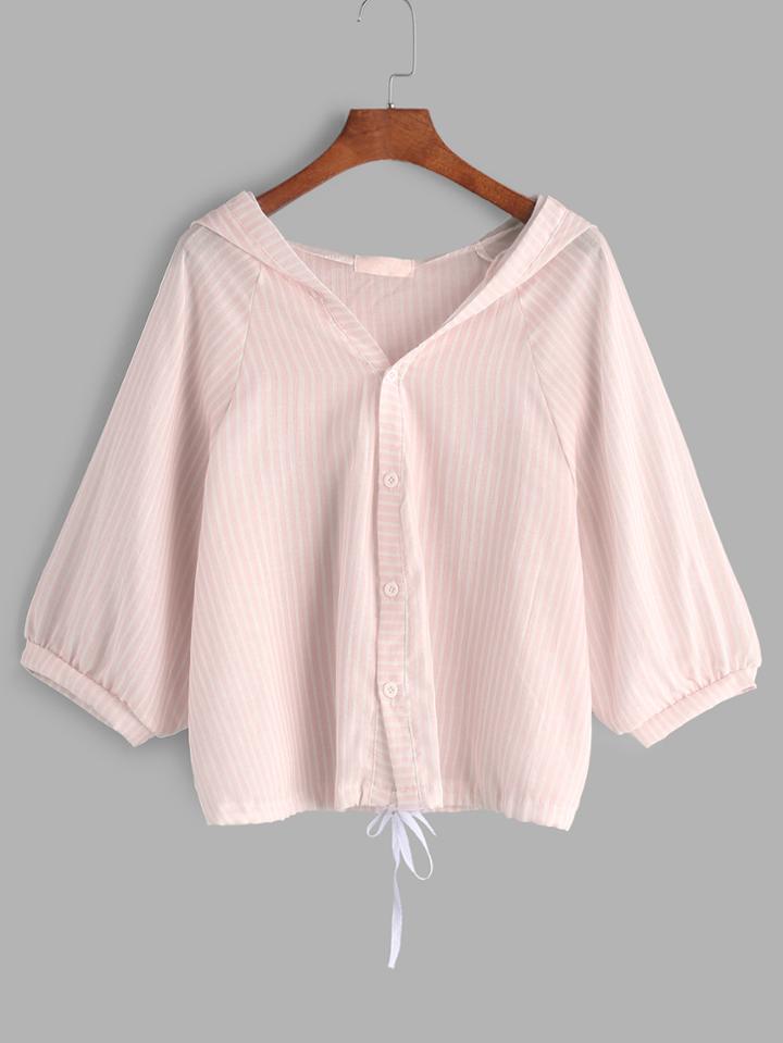 Shein Pink Hooded Striped Drawstring Hem Blouse