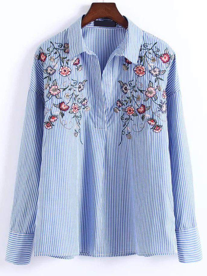 Shein Vertical Striped Embroidered Drop Shoulder Blouse