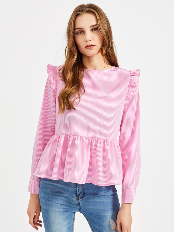 Shein Split Tie Back Frilled Pinstripe Peplum Top