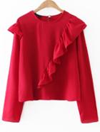 Shein Red Long Sleeve Keyhole Back Ruffle Blouse