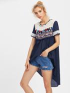 Shein Embroidery Patch And Mesh Yoke Hi Lo Top