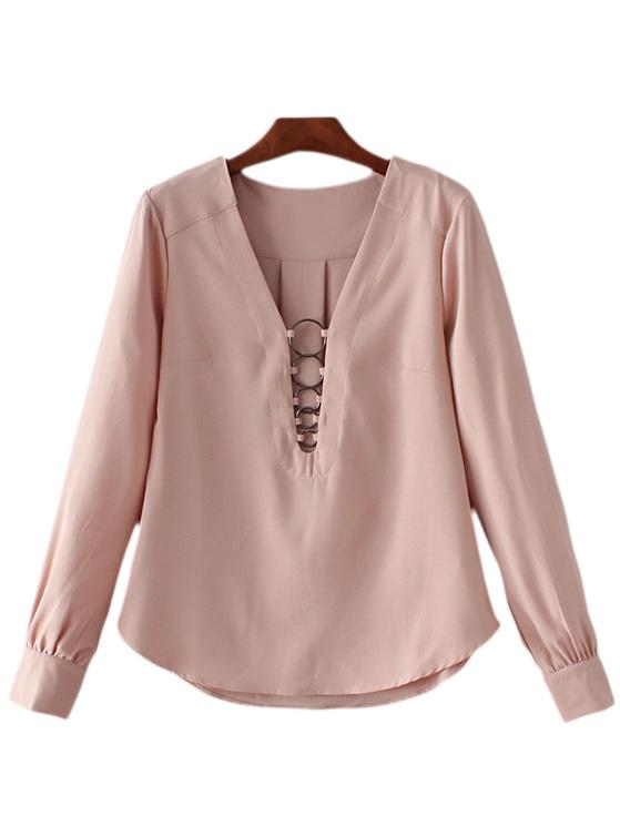 Shein Pink Deep V Neck Metal Circles Long Sleeve Blouse